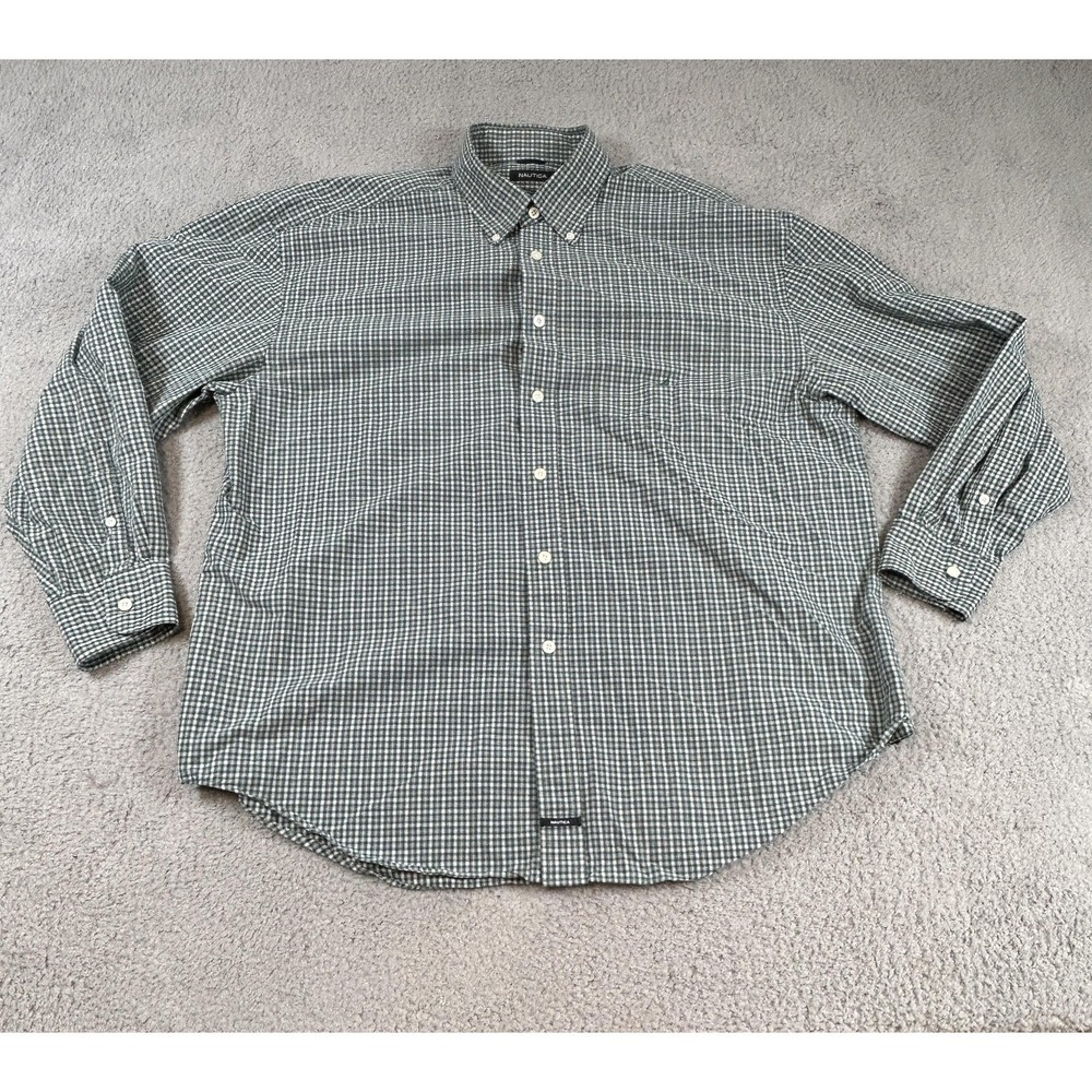 Nautica‎ Shirt Mens 2XL Green White Plaid Button Down Sanded Poplin Long Sleeve
